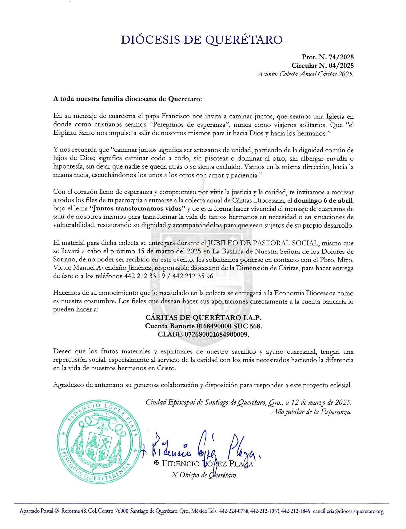 Prot. N. 74/2025 Circular N. 04/2025 Asunto: Colecta Anual Cáritas 2025.